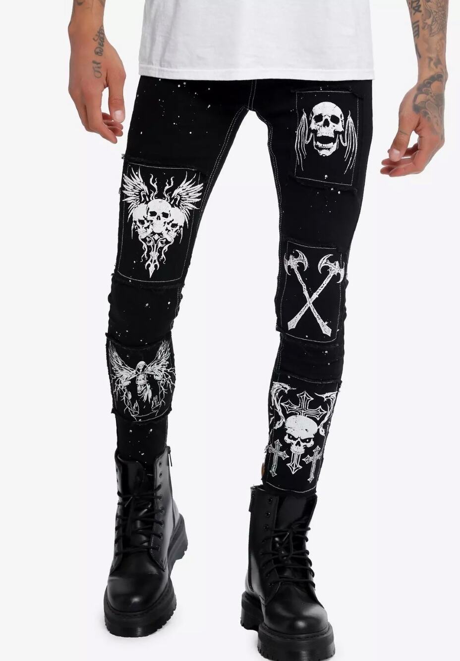 HT Hot Topic Men's Skinny Denim Stinger Patch Graphic Jeans Black 32x32 EUC